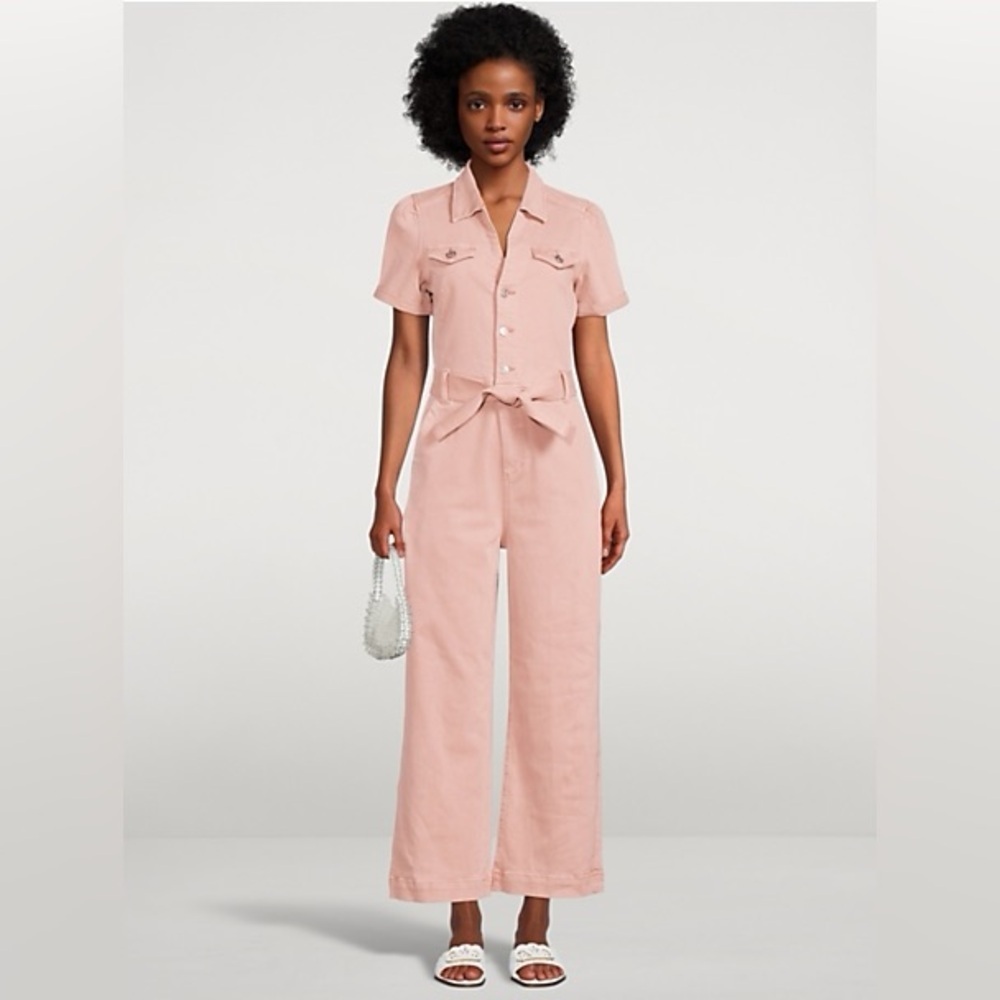 Anthropologie PAIGE Size 4 Anessa Puff-Sleeve Belted Jumpsuit Blush Pink Denim